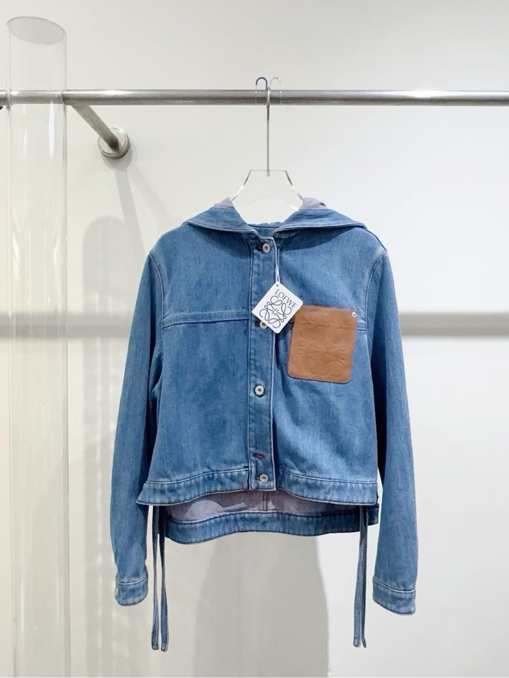 Loewe Light Blue Denim Hooded Jacket with Tan Patch Pocket